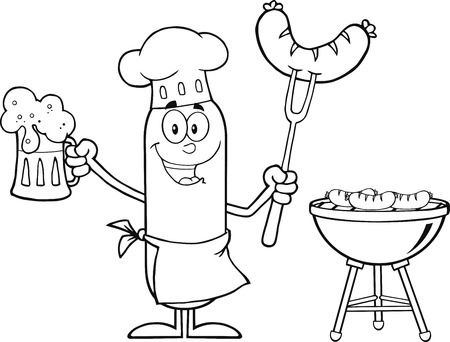 Black And White Happy Chef Sausage Cartoon Character Holding A Beer And Weenie Next To BBQ. Illustration Isolated On Whiteのイラスト素材