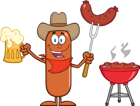 Cowboy Sausage Cartoon Character Holding A Beer And Weenie Next To BBQ. Illustration Isolated On Whiteのイラスト素材