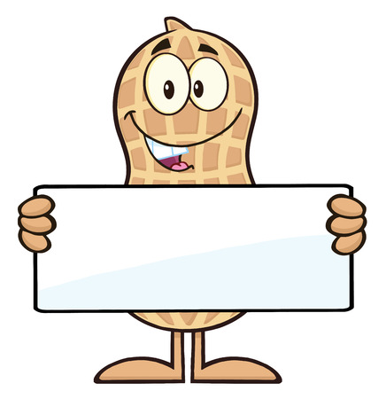 Peanut Cartoon Character Holding a Blank Sign. Illustration Isolated On Whiteのイラスト素材