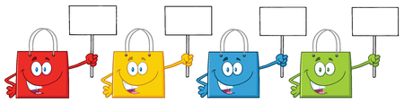 Four Shopping Bags Character Holding Up A Blank Signの写真素材