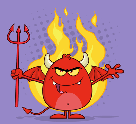 Evil Red Devil Character Holding A Pitchfork Over Flamesの写真素材