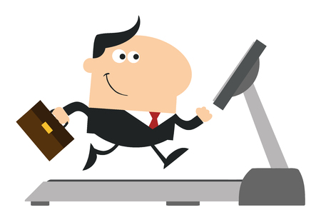Smiling Businessman Character With Briefcase Running On A Treadmill. Modern Flat Designの写真素材