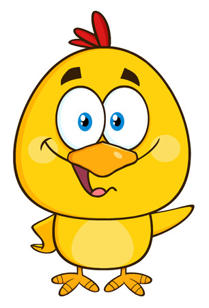 Yellow Chick Cartoon Character Waving With Speech Bubbleの写真素材