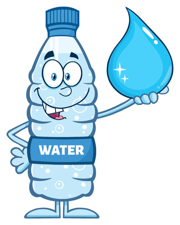 Smiling Water Plastic Bottle Cartoon Mascot Character Holding A Water Dropの写真素材