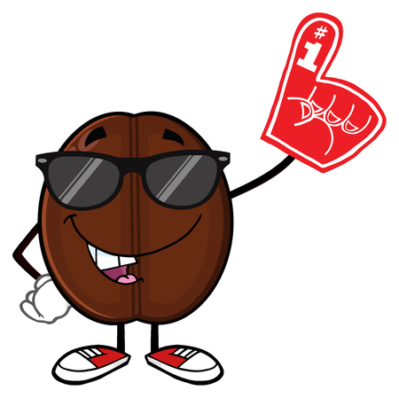 Funny Coffee Bean Cartoon Mascot Character With Sunglases Wearing A Foam Fingerの写真素材