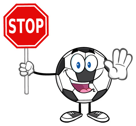 Funny Soccer Ball Cartoon Mascot Character Gesturing And Holding A Stop Signの写真素材