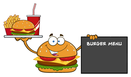 Burger Cartoon Mascot Character Holding A Platter With Burger, French Fries And Soda By Sign Burger Menu. Illustration Isolated On White Backgroundの写真素材