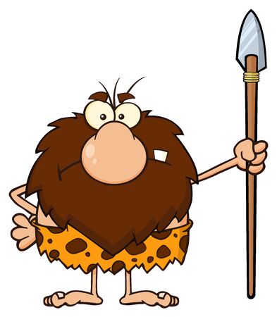 Angry Male Caveman Cartoon Mascot Character Standing With A Spearの写真素材