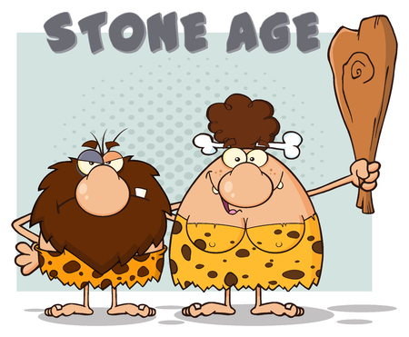 Caveman Couple Cartoon Mascot Characters With Brunette Woman Holding A Club And Text Stone Age. Illustration Isolated On White Backgroundの写真素材