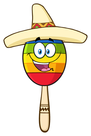 Happy Colorful Mexican Maracas Cartoon Mascot Character With Sombrero Hat. Illustration Isolated On White Backgroundの写真素材