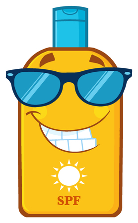 Smiling Bottle Sunscreen Cartoon Mascot Character With Sunglasses Sun And Text SPFの写真素材