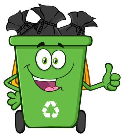 Happy Green Recycle Bin Cartoon Mascot Character Full With Garbage Bags Giving A Thumb Upの写真素材