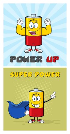 Battery Cartoon Mascot Character 7. Set Collection Isolated On White Background