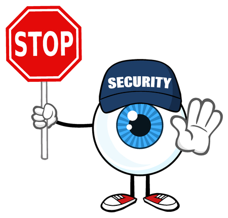 Blue Eyeball Guy Cartoon Mascot Character Security Guard Gesturing And Holding A Stop Sign. Illustration Isolated On White Backgroundの写真素材