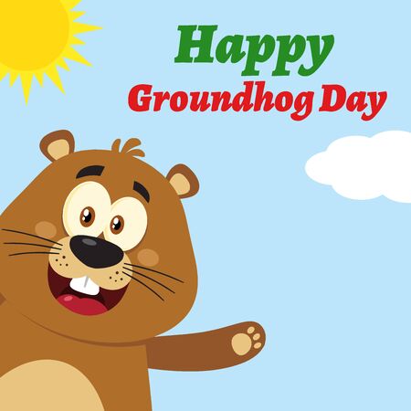 Cute Marmot Cartoon Mascot Character Waving From Corner. Illustration Flat Design With Background And Text Happy Groundhog Dayの写真素材