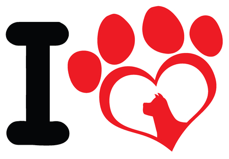 I Love With Red Heart Paw Print With Claws And Dog Head Silhouette Logo Design. Illustration Isolated On White Backgroundの写真素材