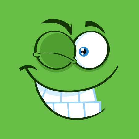 Winking Cartoon Funny Face With Smiling Expression.  Illustration With Green Backgroundの写真素材