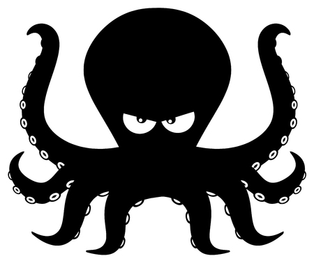 Angry Black Silhouettes Of Octopus Cartoon Mascot Character. Illustration Isolated On White Backgroundの写真素材