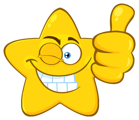 Smiling Yellow Star Cartoon Emoji Face Character With Wink Expression Giving A Thumb Up.  Illustration Isolated On White Backgroundの写真素材