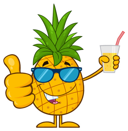 Pineapple Fruit With Green Leafs And Sunglasses Cartoon Character Holding Up A Glass Of Juice And Giving A Thumb Up. Illustration Isolated On White Backgroundの写真素材