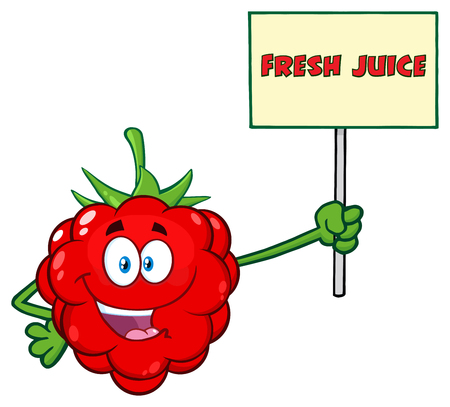 Red Raspberry Fruit Cartoon Mascot Character Holding A Sign With Text Fresh Juice. Illustration Isolated On White Backgroundの写真素材