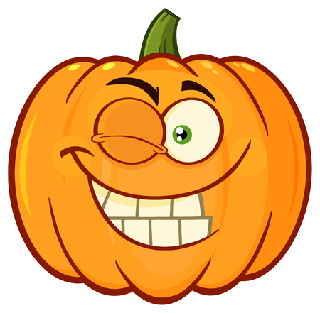Smiling Orange Pumpkin Vegetables Cartoon Emoji Face Character With Winking Expression. Illustration Isolated On White Backgroundの写真素材