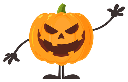 Smiling Evil Halloween Pumpkin Cartoon Emoji Character Waving For Greeting. Illustration Flat Design Style Isolated On White Backgroundの写真素材