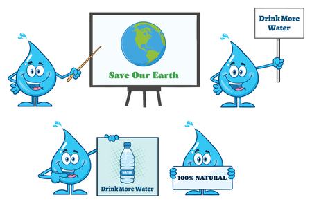 Blue Water Drop Cartoon Mascot Character 9. Vector Collection Isolated On White Backgroundの写真素材