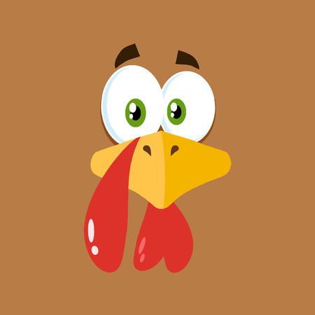 Thanksgiving Turkey Bird Face Cartoon Character Flat Brown Label. Vector Illustration Backgroundの写真素材