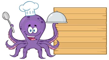 Octopus Chef Cartoon Character Serving Food To Wooden Blank Board. Vector Illustration Isolated On White Backgroundの写真素材