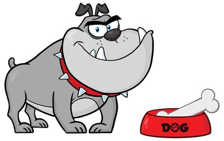 Smiling Gray Bulldog Cartoon Character With Bowl And Bone. Vector Illustration With Backgroundの写真素材