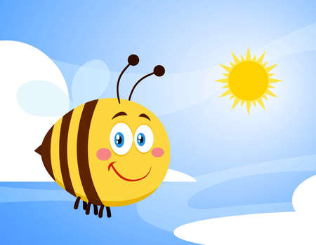 Smiling Cute Bee Cartoon Character Flying. Illustration With Backgroundの写真素材