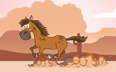 Horse Cartoon Character Running In Canyon. Raster Illustration With Backgroundの写真素材