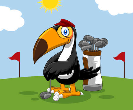 Golfer Toucan Bird Cartoon Character. Vector Illustration With Golf Course Backgroundのイラスト素材