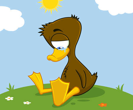 Ugly Duckling Cartoon Character Crying. Vector Illustration With Landscape Backgroundのイラスト素材