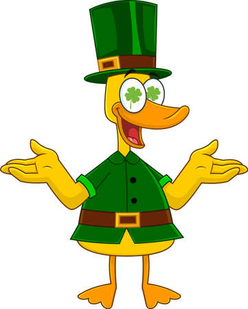 Lucky Duck Leprechaun Cartoon Character With Open Arms. Vector Illustration Isolated On White Backgroundのイラスト素材