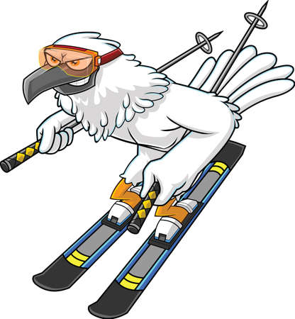 Winter Hawk Bird Cute Cartoon Character With Skis And Poles Goes Down. Vector Illustration Isolated On White Backgroundのイラスト素材
