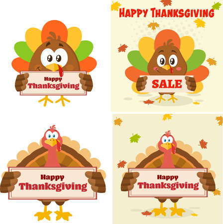 Turkey Bird Cartoon Mascot Character Flat Design. Vector Collection Isolated On White Backgroundのイラスト素材