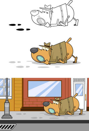 Detective Dog Cartoon Character Following A Clues. Set Vector Collection Isolated On White Backgroundのイラスト素材