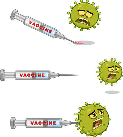 Vaccinates Coronavirus (COVID-19) Cartoon Character of Pathogenic Bacteria. Vector Collection Set Isolated On White Backgroundのイラスト素材