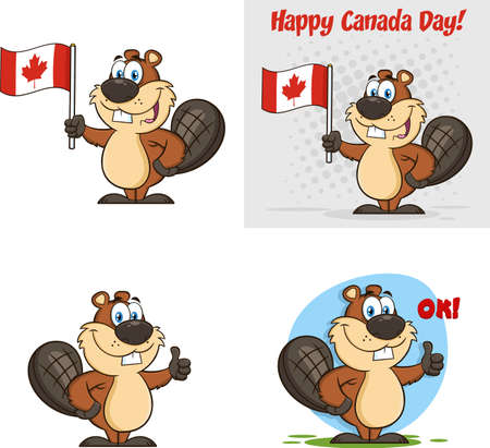 Beaver Cartoon Mascot Character. Vector Collection Set Isolated On White Backgroundのイラスト素材