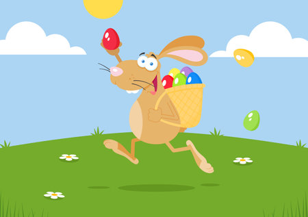 Easter Rabbit Cartoon Character Running With A Basket And Egg. Vector Illustration Flat Design With Landscape Backgroundのイラスト素材