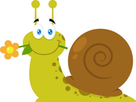 Cute Snail Cartoon Character With A Flower In Its Mouth. Vector Illustration Isolated On Transparent Backgroundのイラスト素材