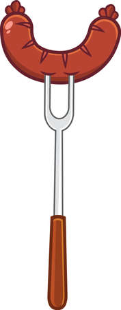 Cartoon Fork With Sausage. Vector Hand Drawn Illustration Isolated On Transparent Backgroundのイラスト素材