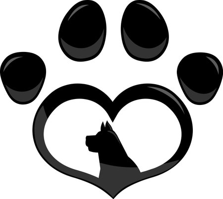 Black Love Paw Print With Dog Silhouette Flat Design. Vector Illustration Isolated On White Backgroundのイラスト素材