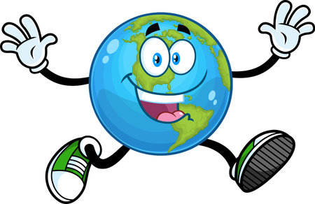 Happy Earth Globe Cartoon Character Running With Open Arms. Vector Hand Drawn Illustration Isolated On Transparent Backgroundのイラスト素材