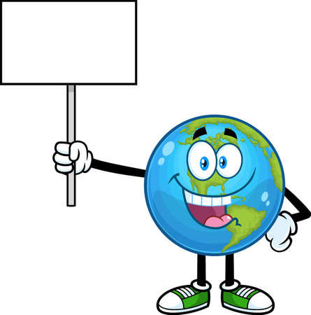 Cute Earth Globe Cartoon Character Holding A Blank Sign. Vector Hand Drawn Illustration Isolated On Transparent Backgroundのイラスト素材