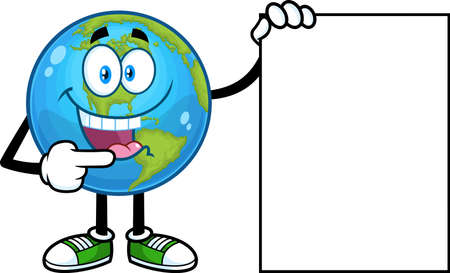 Cute Earth Globe Cartoon Character Pointing To A Blank Sign. Vector Hand Drawn Illustration Isolated On Transparent Backgroundのイラスト素材