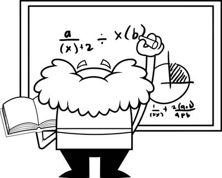 Outlined Funny Science Professor Cartoon Character With A Textbook Writes Complex Formulas On Chalkboard. Vector Hand Drawn Illustration Isolated On Transparent Backgroundのイラスト素材