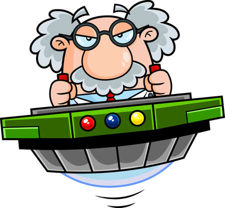 Funny Science Professor Cartoon Character Flying With A Spaceship. Vector Hand Drawn Illustration Isolated On Transparent Backgroundのイラスト素材